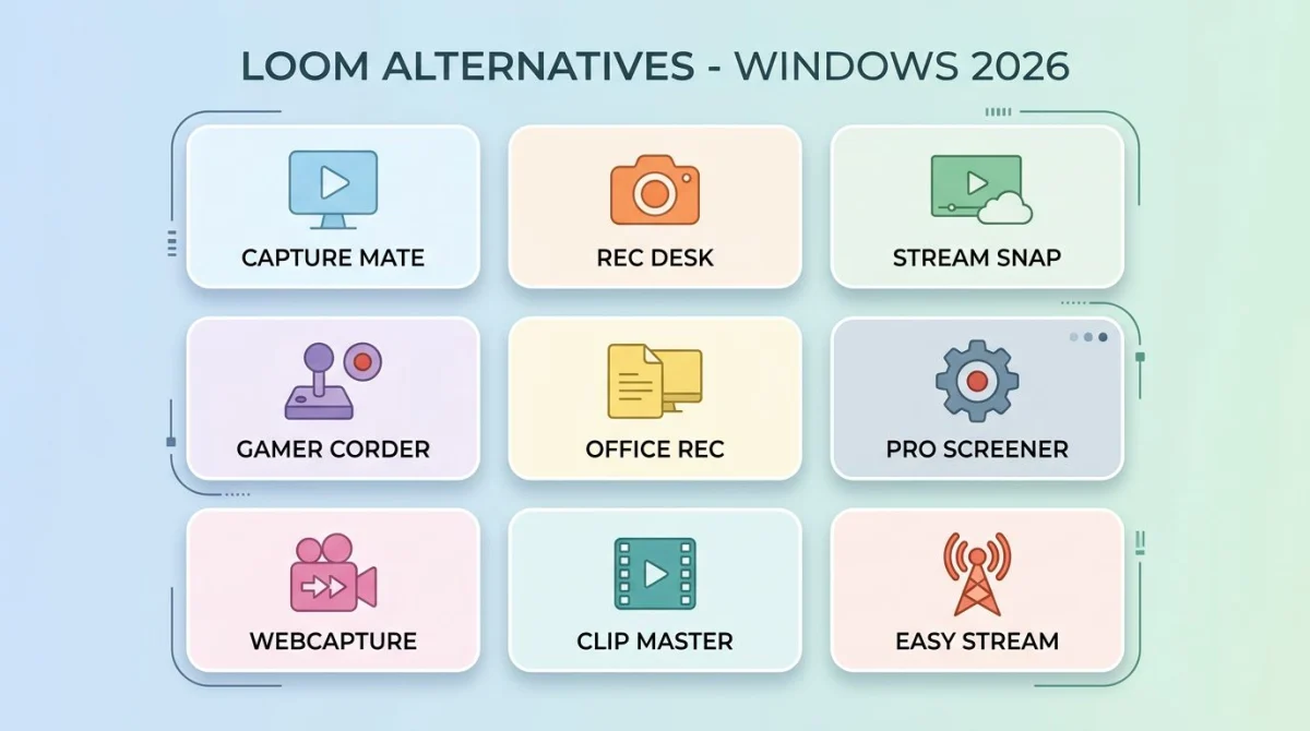 Comparison of nine Loom alternative apps shown as cards on a soft gradient