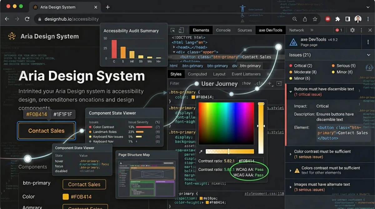 Browser dev tools and contrast checker UI montage