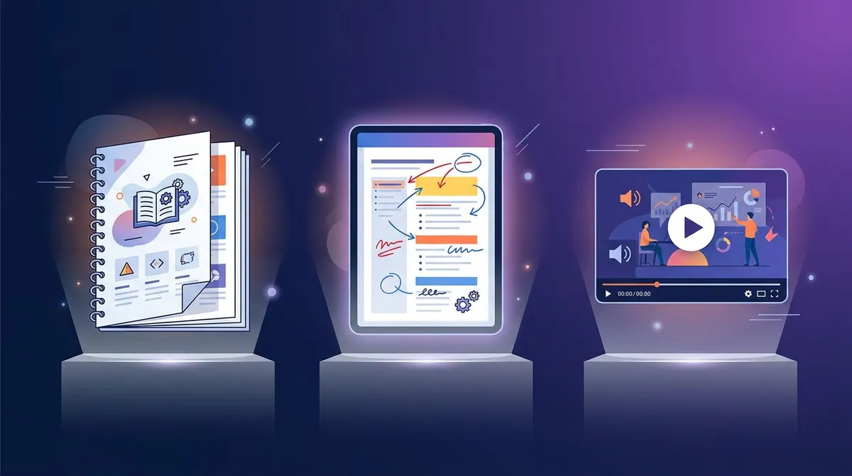 Printed training manual, digital manual with annotated screenshots, and a training video compared side by side