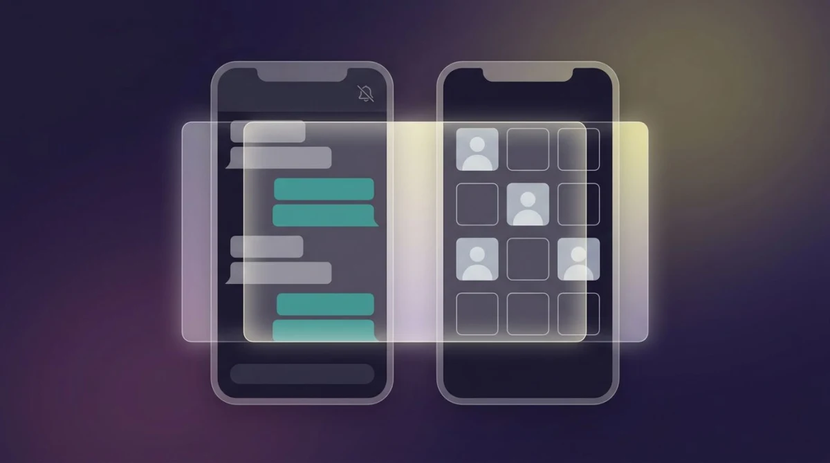 Bumble screenshot notification — two abstract phone screens showing a chat and a profile being captured silently