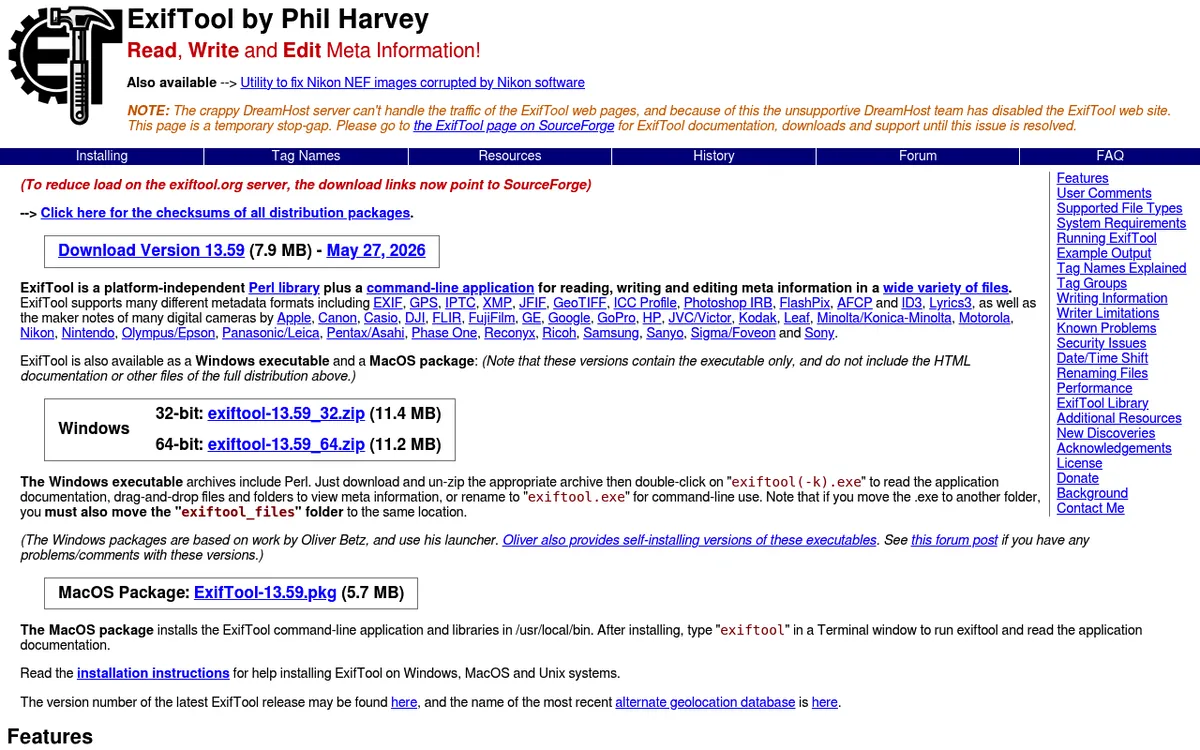The ExifTool website, the reference command line tool for reading and stripping image metadata