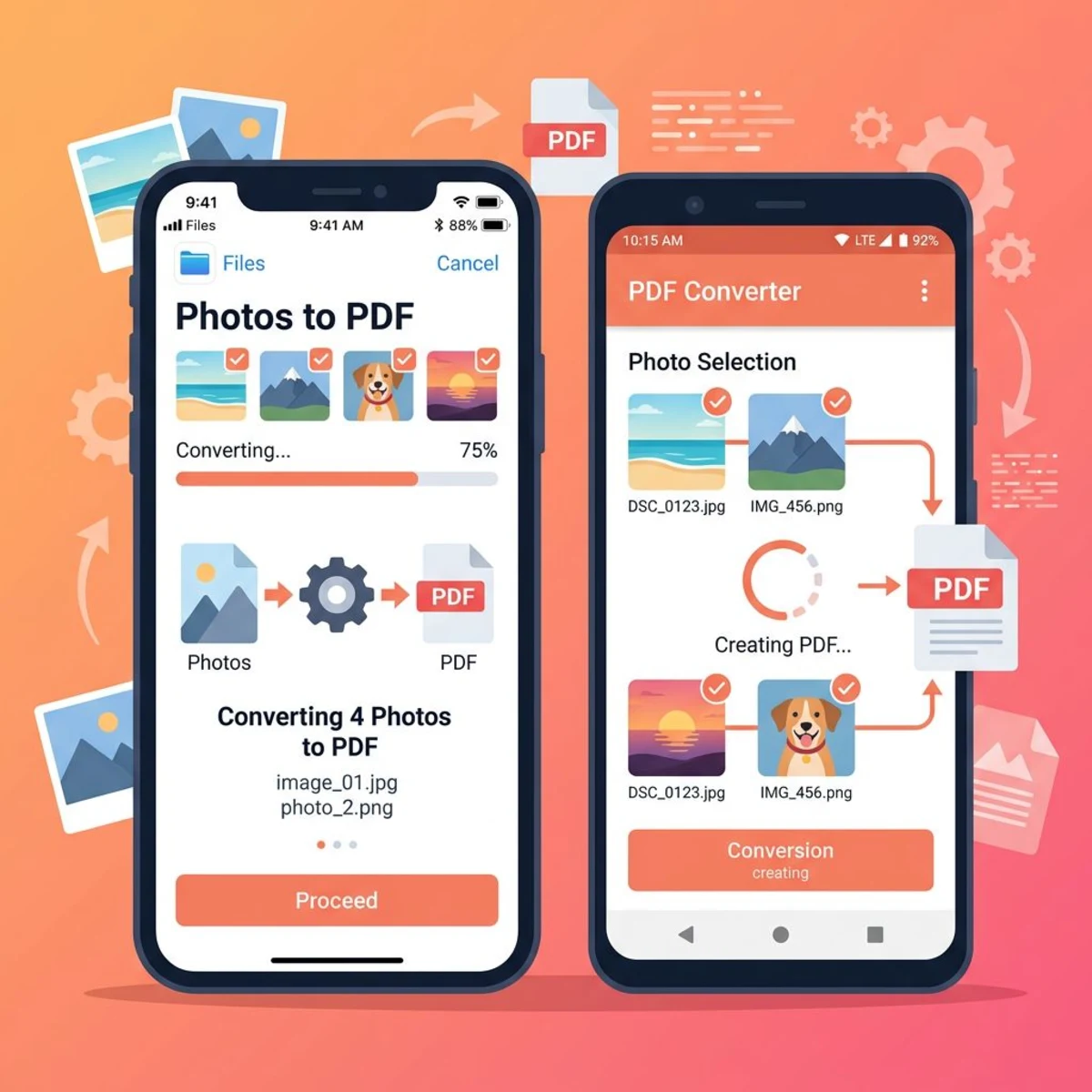 iPhone and Android smartphones converting photos to PDF files