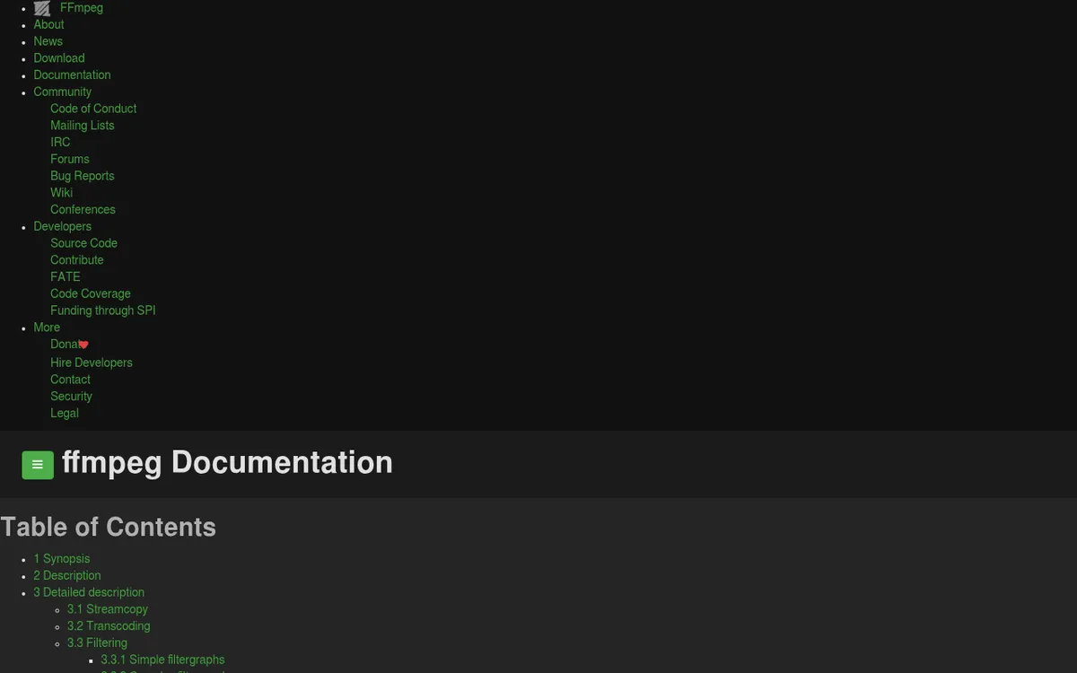 Offizielle FFmpeg-Dokumentation mit Kommandozeilenoptionen und Stream-Copy-Flags