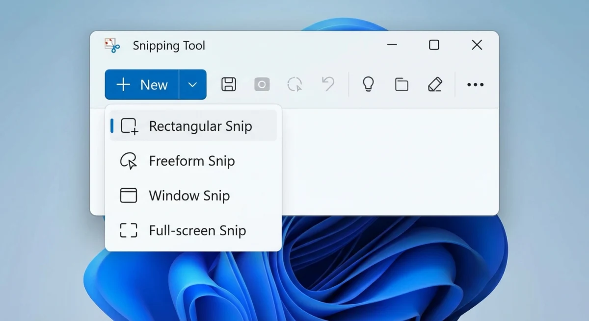 Snipping Tool capture modes — rectangular, freeform, window, and full-screen
