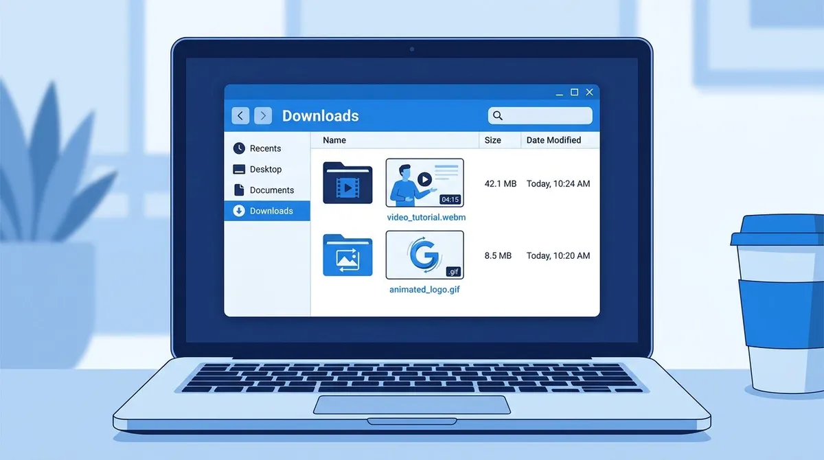 Downloads folder on a Chromebook containing a webm video recording and a gif file with preview thumbnails