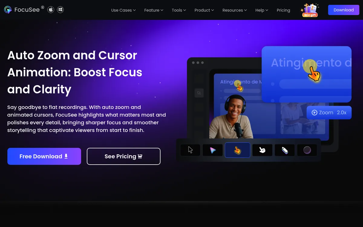 FocuSee auto zoom and cursor animation page, a screen recorder for Mac and Windows with zoom and webcam overlay