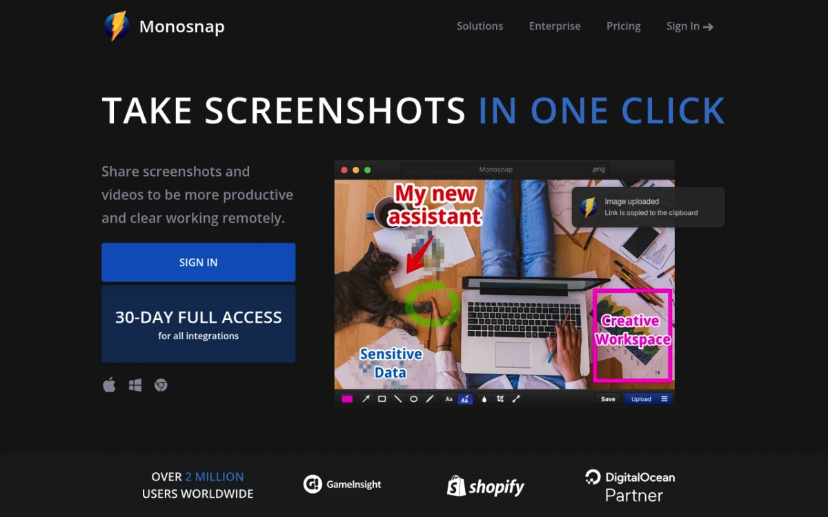 Monosnap-Startseite — Cloud-First-Snagit-Alternative für Windows