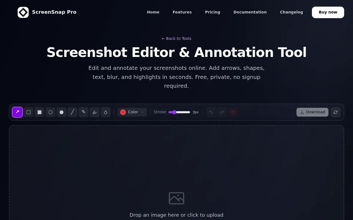 ScreenSnap browser annotation tool with arrow, blur, text and step counter tools on a screenshot