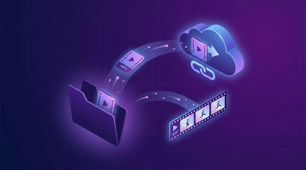 A video file moving from a folder into a cloud share link and a short GIF frame strip