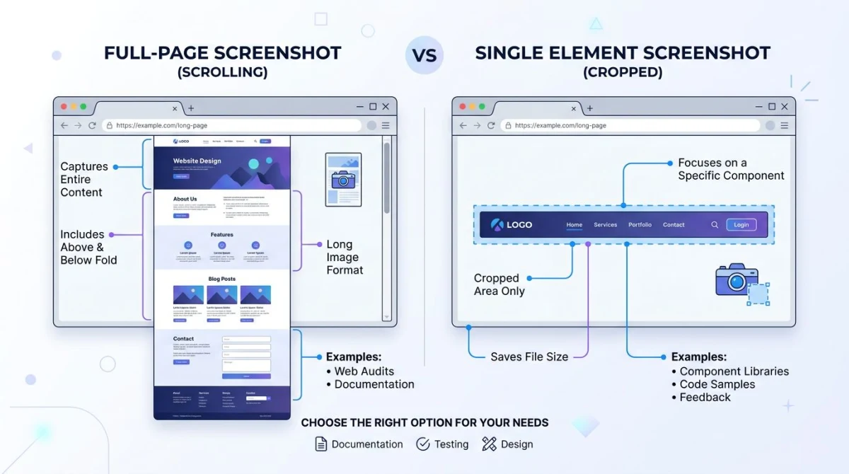 Diagram comparing full-page versus single element screenshots