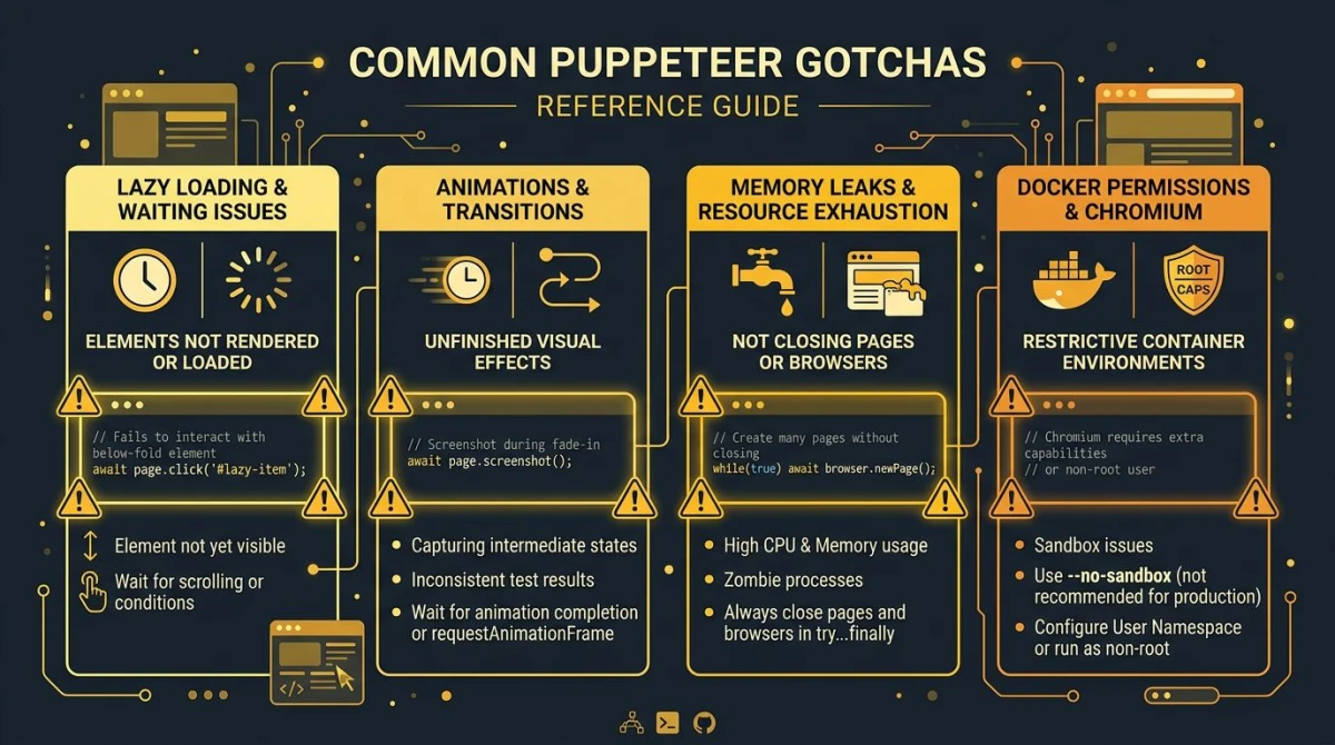 Common Puppeteer gotchas reference with warning icons