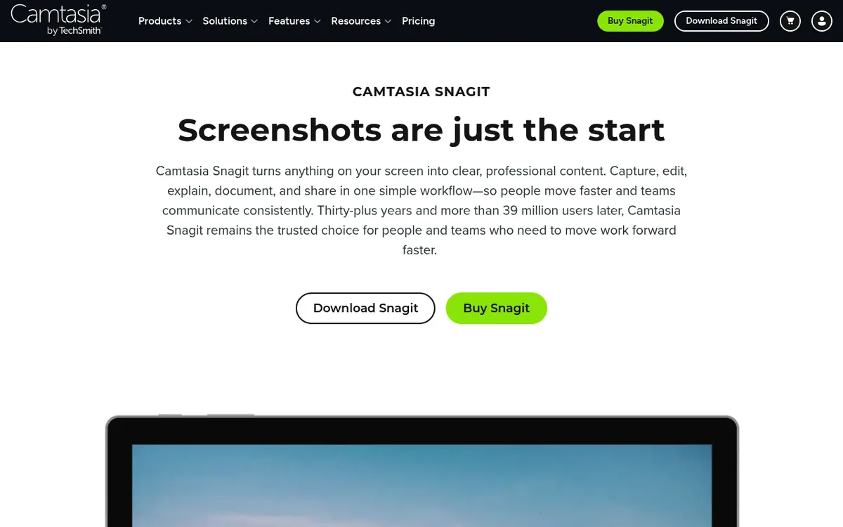 Snagit page on the TechSmith site, a paid screenshot tool for documentation