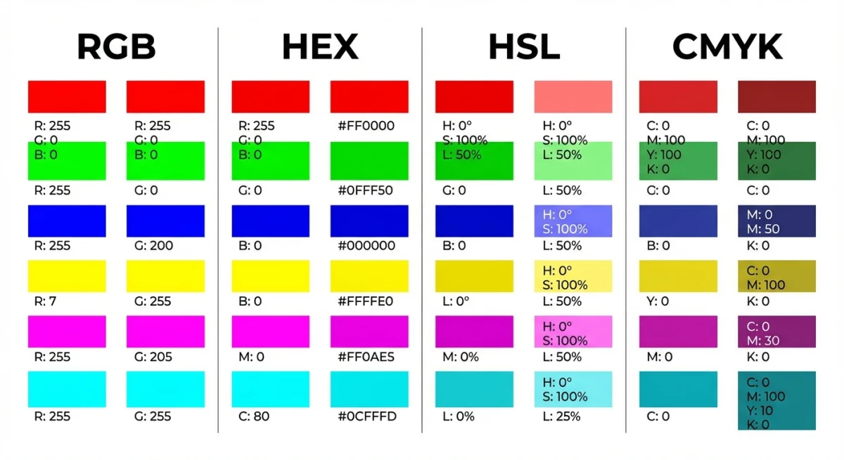Color format comparison showing RGB, hex, HSL, and CMYK values