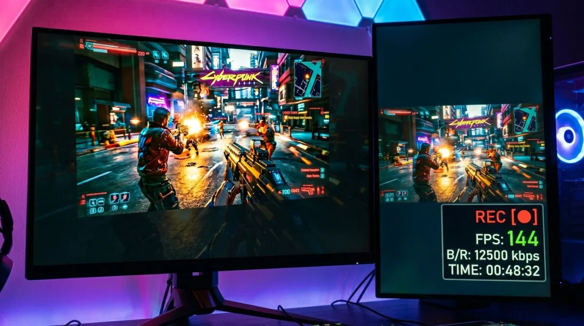 Gaming PC recording high-FPS gameplay with overlay
