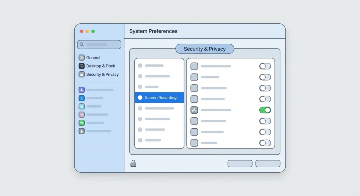 Mac System Preferences showing screen recording permissions