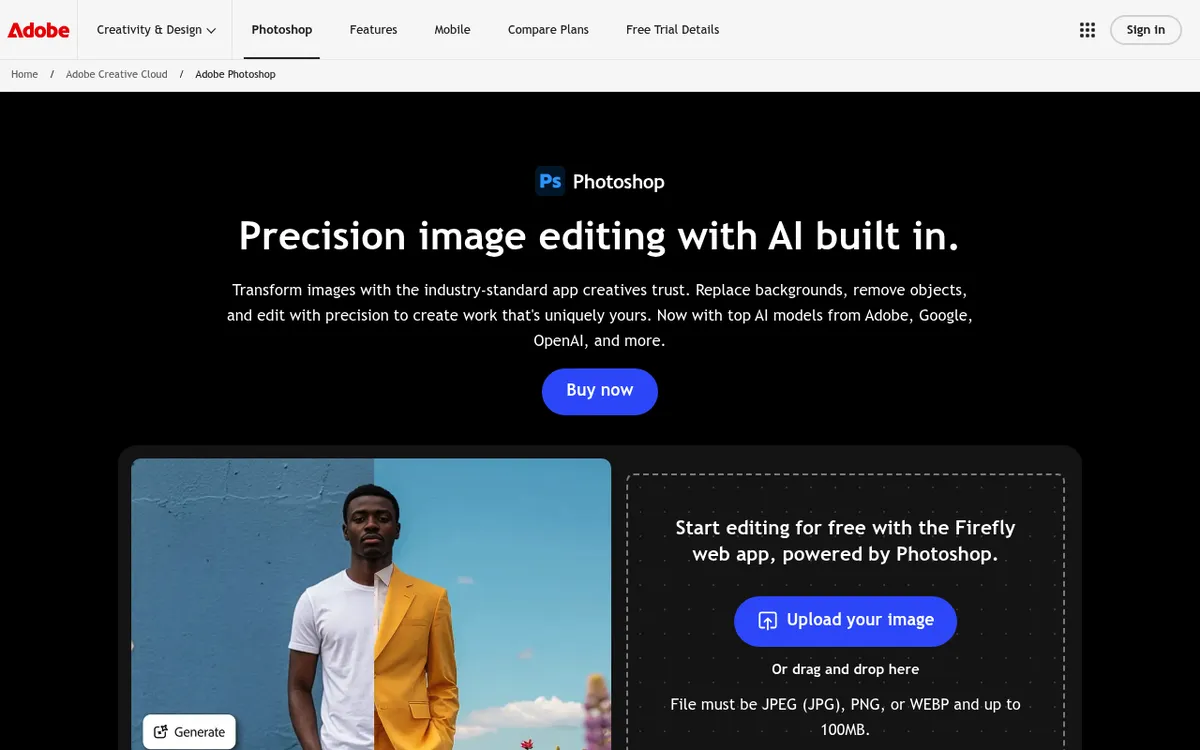 Adobe Photoshop product page, desktop image editor with Content-Aware Fill and AI tools for manual watermark removal