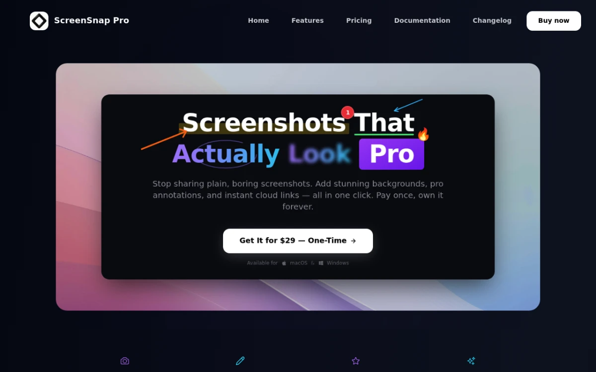 ScreenSnap Pro homepage, screenshot beautification tool for Mac and Windows