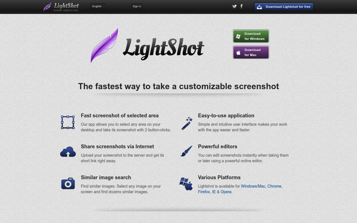 Lightshot-Startseite zeigt das schnelle Screenshot-Aufnahme- und Teilen-Tool für Windows