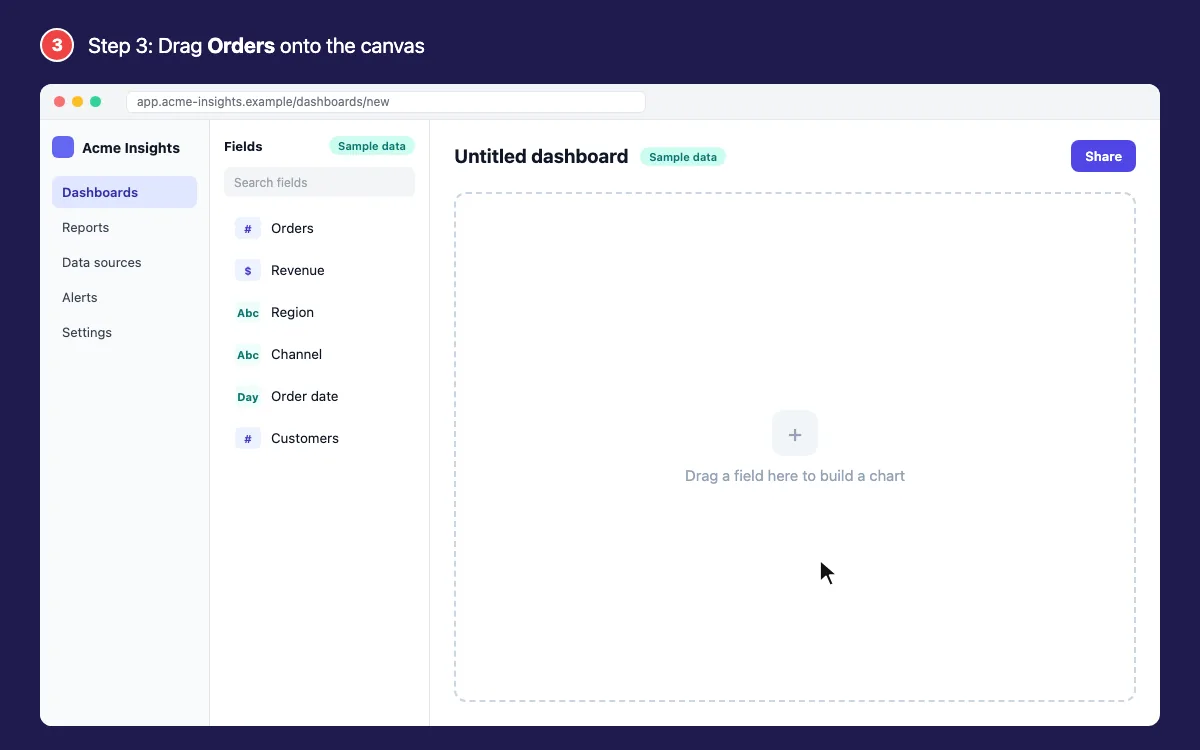 Step 3 animation: dragging the Orders field onto the dashboard canvas to build a chart