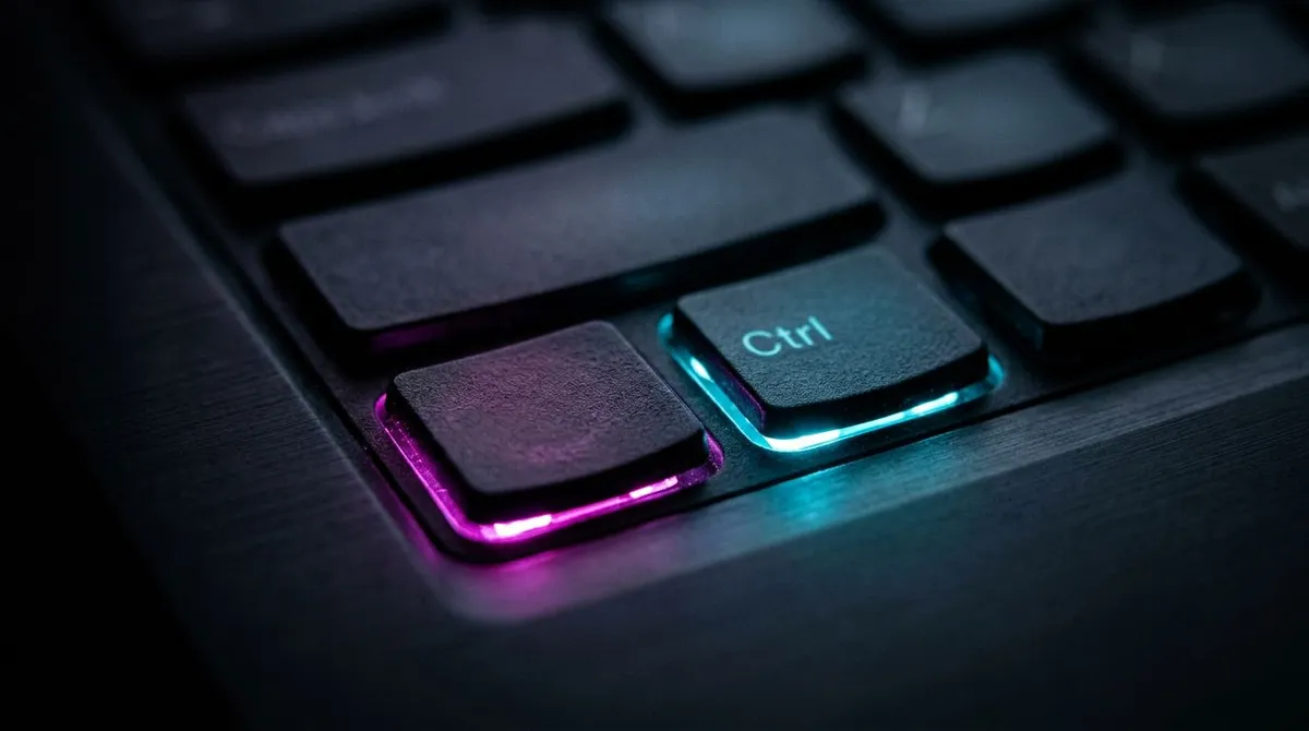Close-up of two corner keys on a black keyboard, the outer one glowing magenta and Ctrl glowing cyan