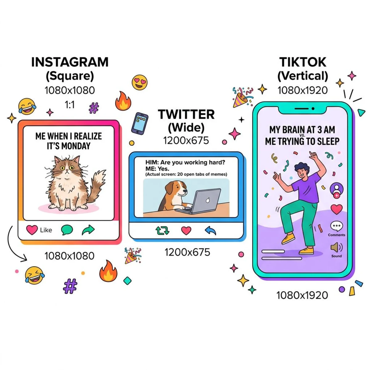 Social-Media-Plattformen mit verschiedenen Meme-Größen für Instagram, Twitter und TikTok