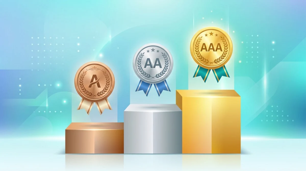 Three rising steps on a podium representing WCAG conformance levels A, AA, and AAA, with badges floating above each step