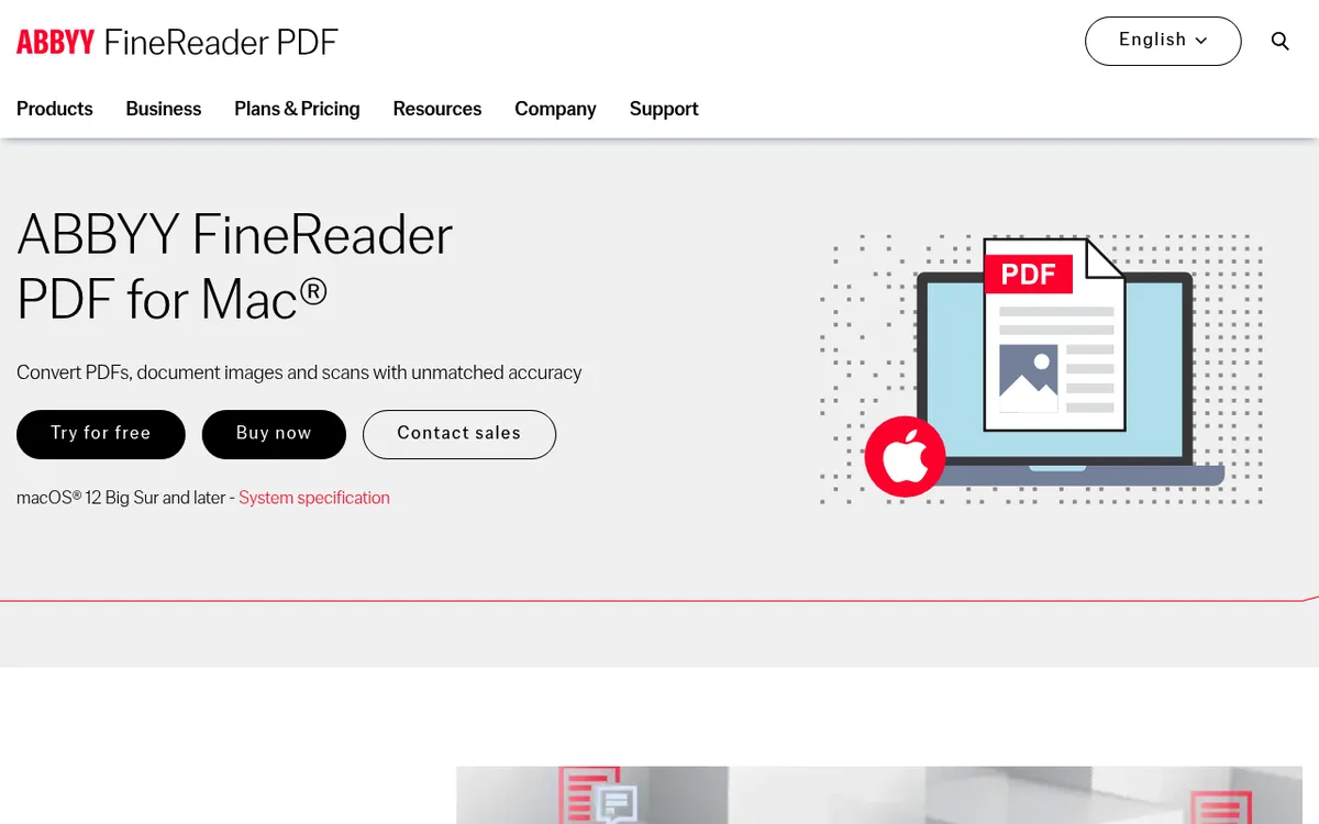 ABBYY FineReader PDF for Mac product page with Try for free and Buy now buttons next to a laptop with a PDF