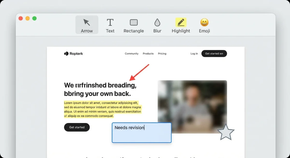 Screenshot annotation tools interface with arrows, shapes, blur, and text options