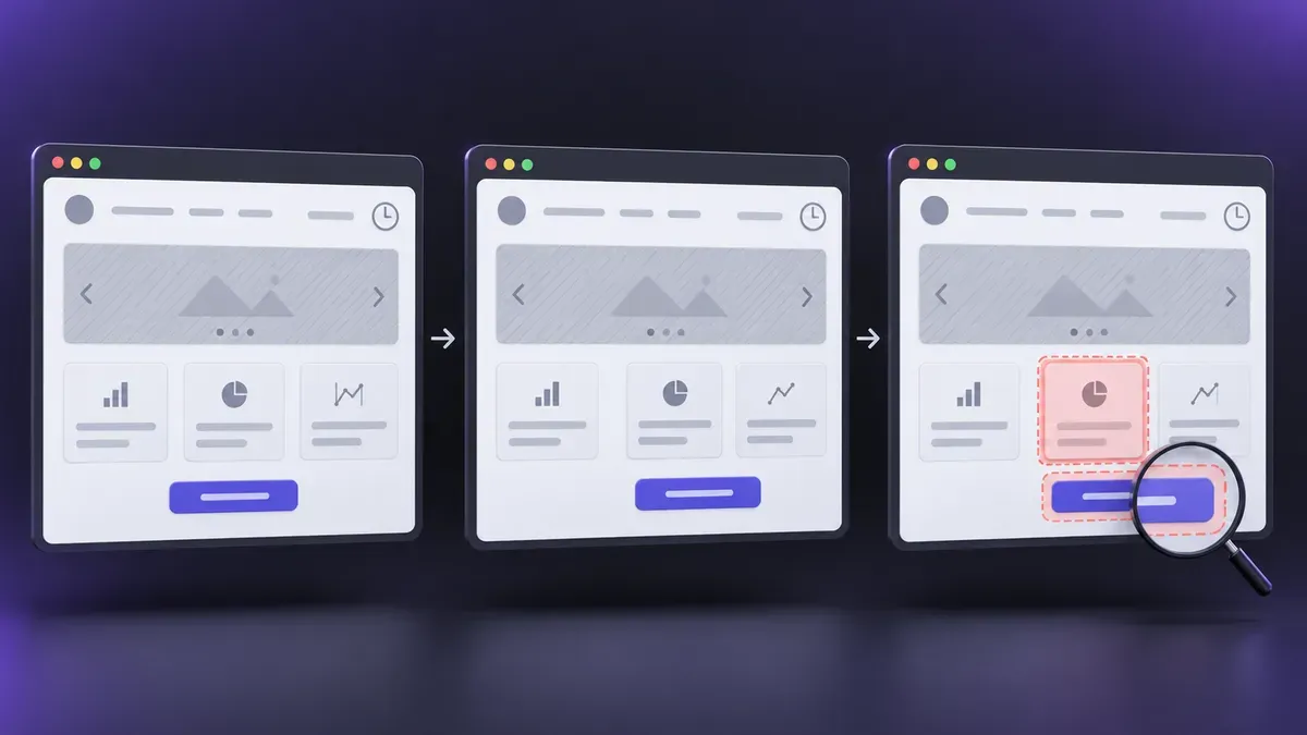 Visual testing comparison highlighting changed cards and buttons while masking dynamic content