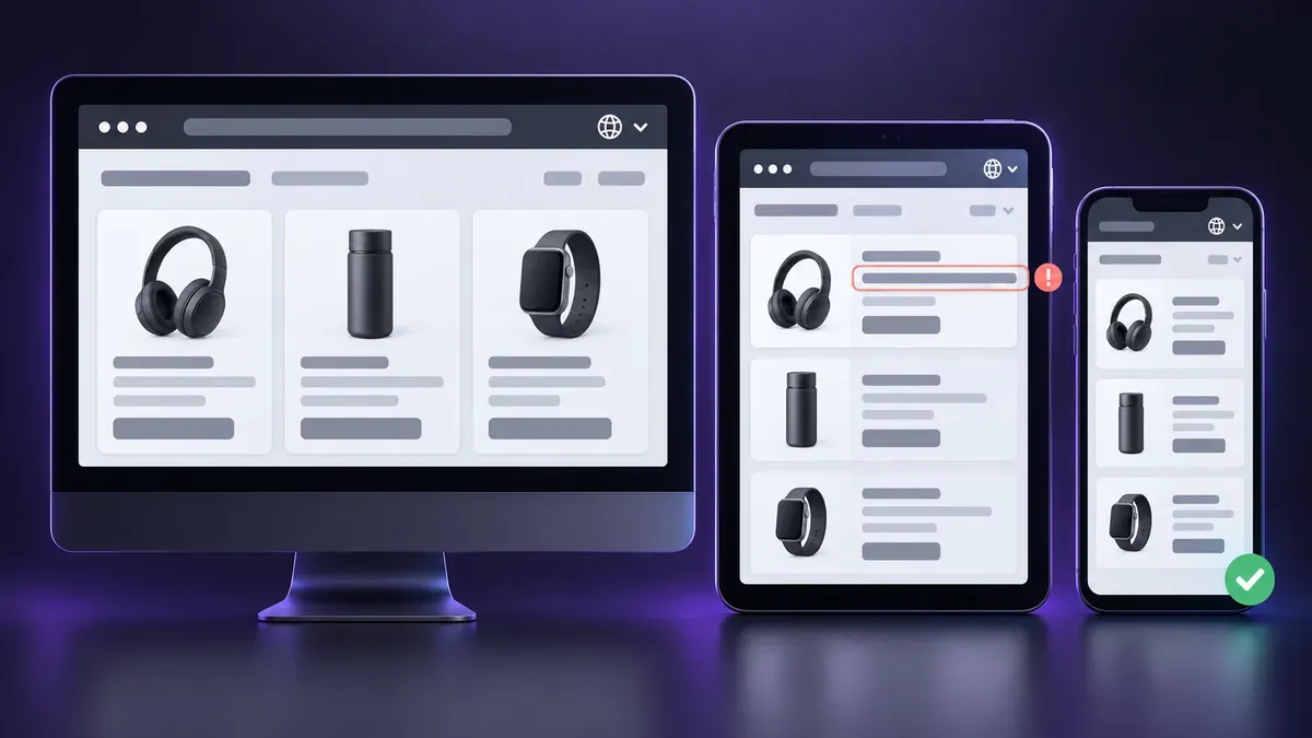 Desktop, tablet, and mobile storefronts showing localized text overflow and a corrected responsive layout