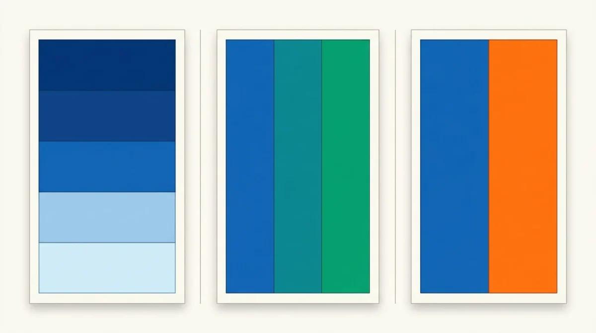 Three-panel comparison: monochromatic, analogous, and complementary color schemes