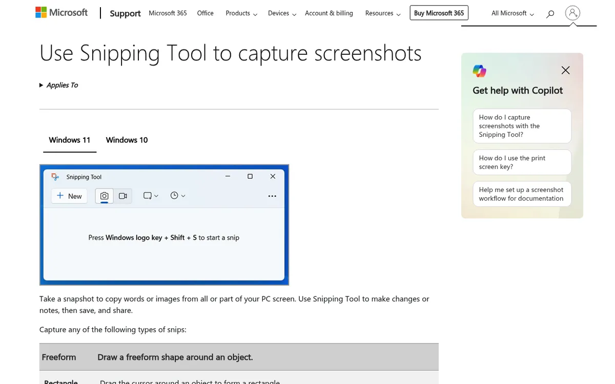 Microsoft-Support-Seite zum Windows Snipping Tool mit den Aufnahmemodi und der Tastenkombination