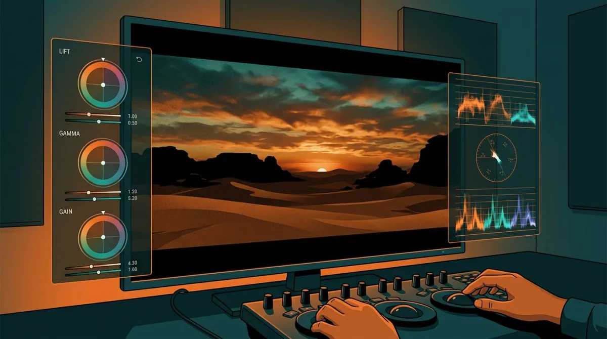 Cinematic color grading scene showing a graded film still on a professional monitor with color wheels and waveform scopes