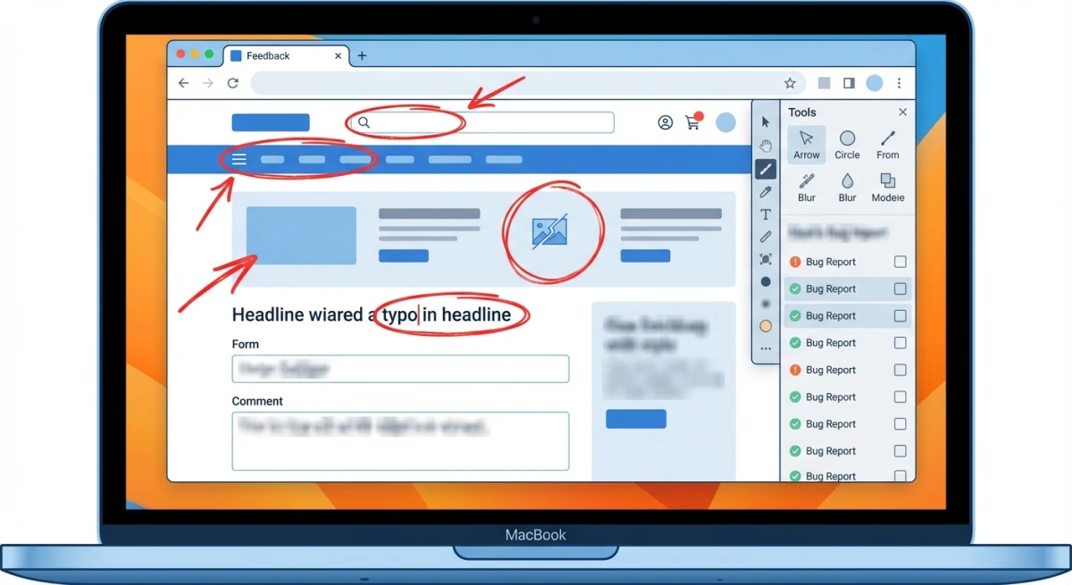 Annotated screenshot showing bug reporting with arrows, highlights, and blur effects