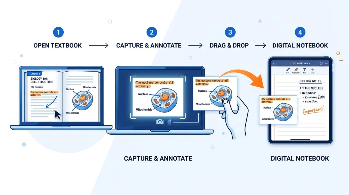 Workflow zeigt Screenshot-Aufnahme, Annotation und Import in ein digitales Notizbuch