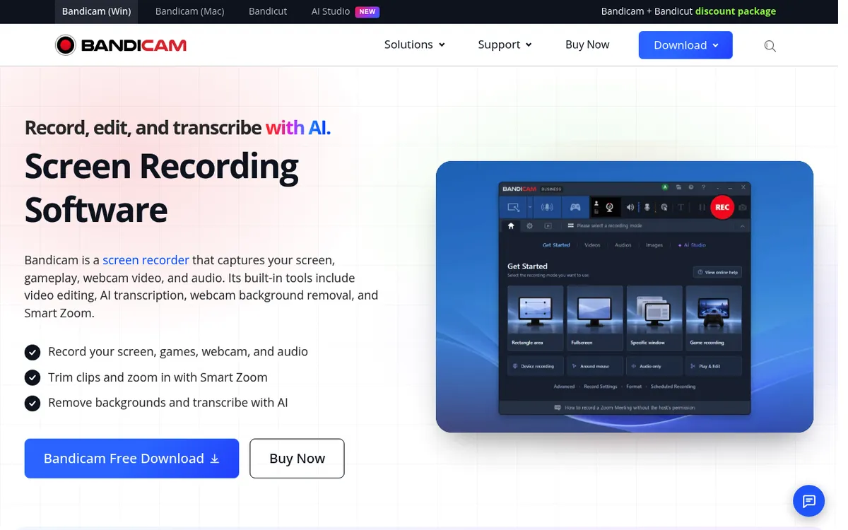 Bandicam homepage, screen and game recording software for Windows