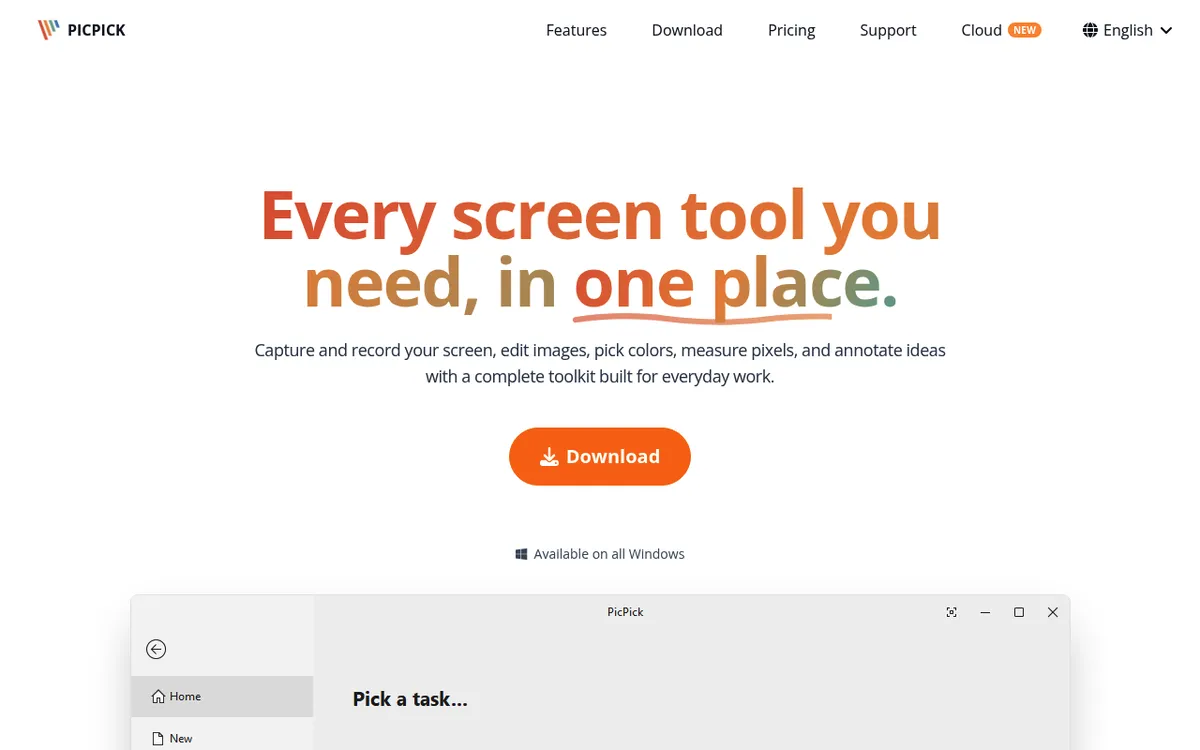 PicPick homepage, an all-in-one screen capture and design toolkit for Windows
