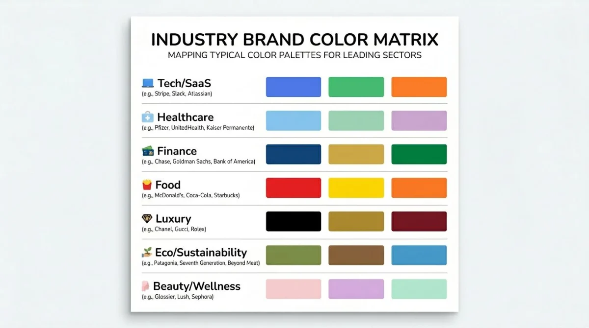 Industry color matrix showing dominant brand colors for tech, healthcare, finance, food, luxury, eco, and beauty