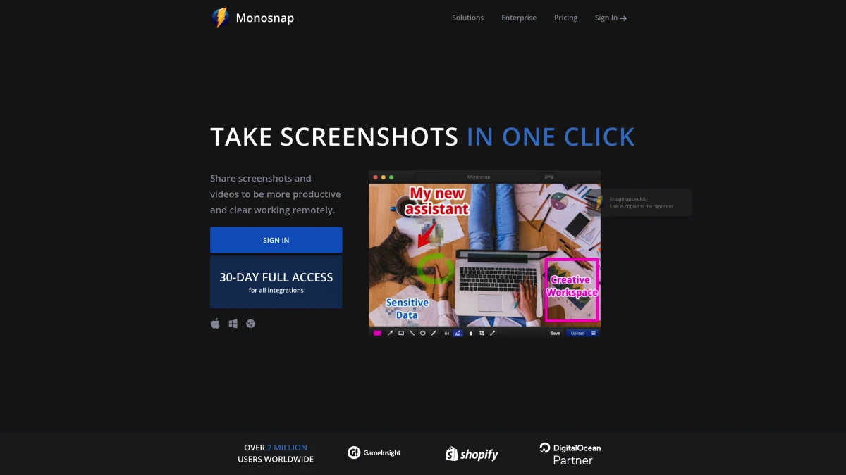 Monosnap homepage — screenshot tool with cloud storage
