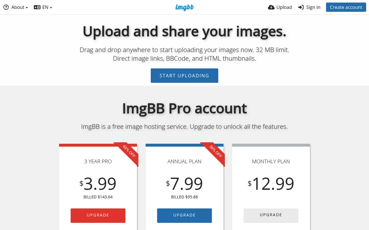 ImgBB homepage, a free image host with drag and drop upload that works as a simple Imgur replacement