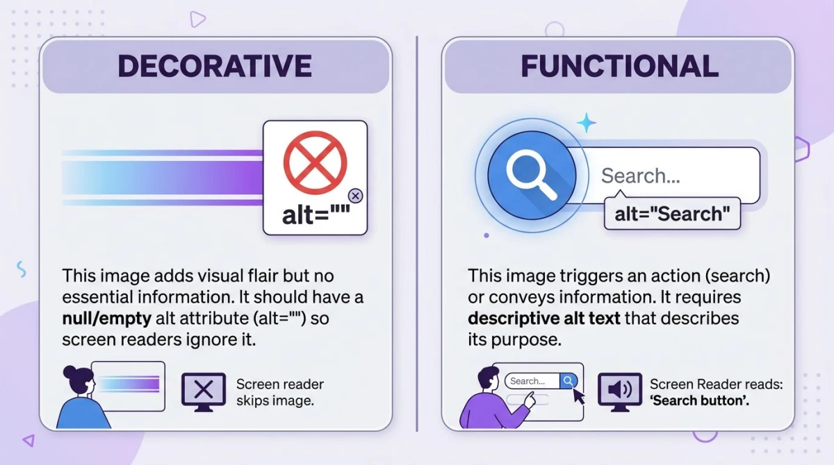 Nebeneinander-Illustration: dekorativer Verlaufsstreifen links, Such-Icon mit Label "Search" rechts