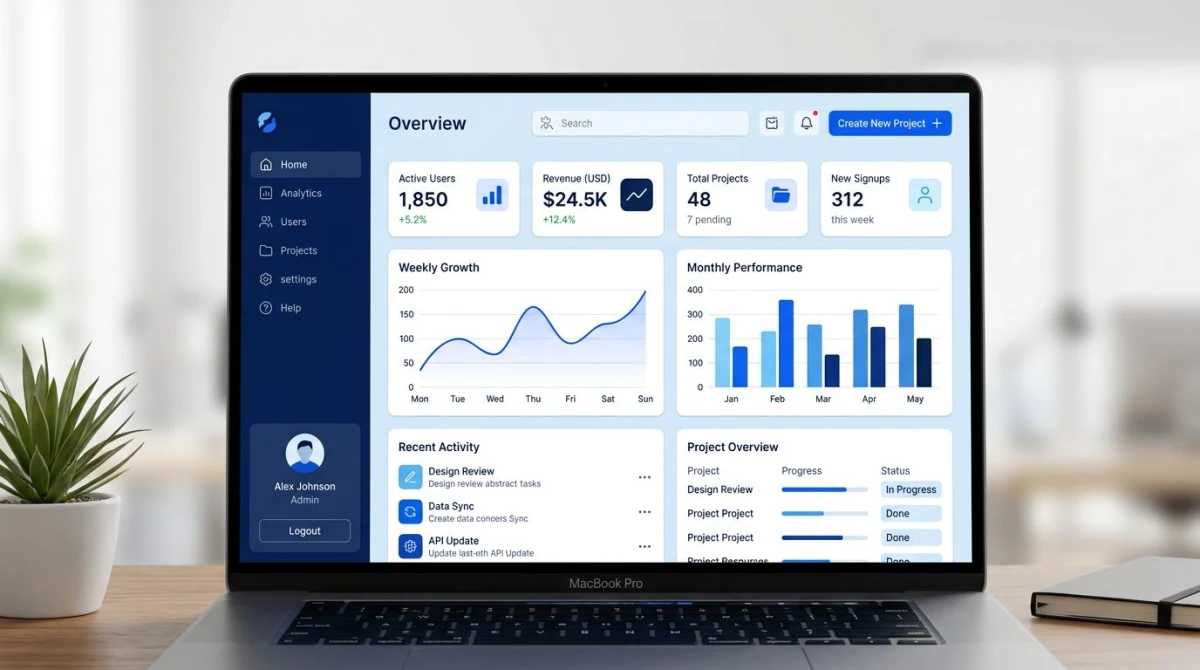 SaaS dashboard mockup using a monochromatic color palette in blue tints and shades