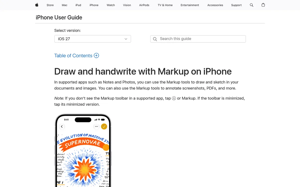 Apple Support guide for drawing and handwriting with Markup on iPhone