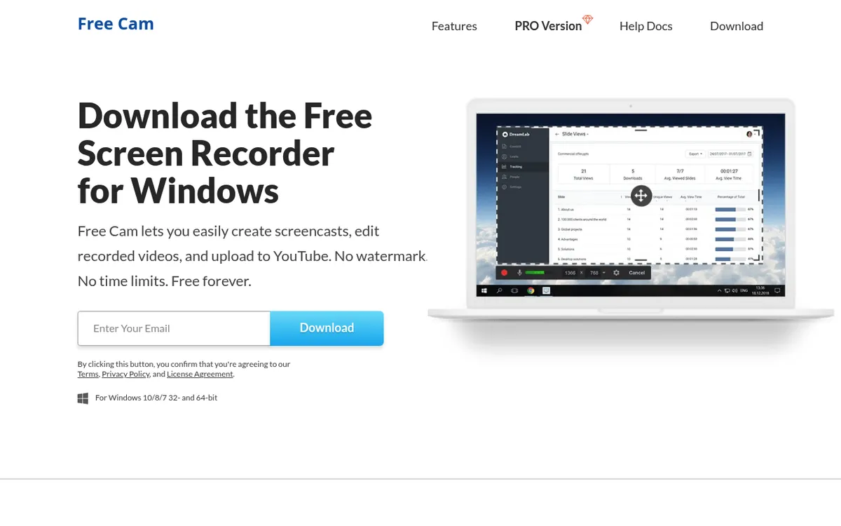 iSpring Free Cam homepage, a free Windows screen recorder with no watermark or time limit