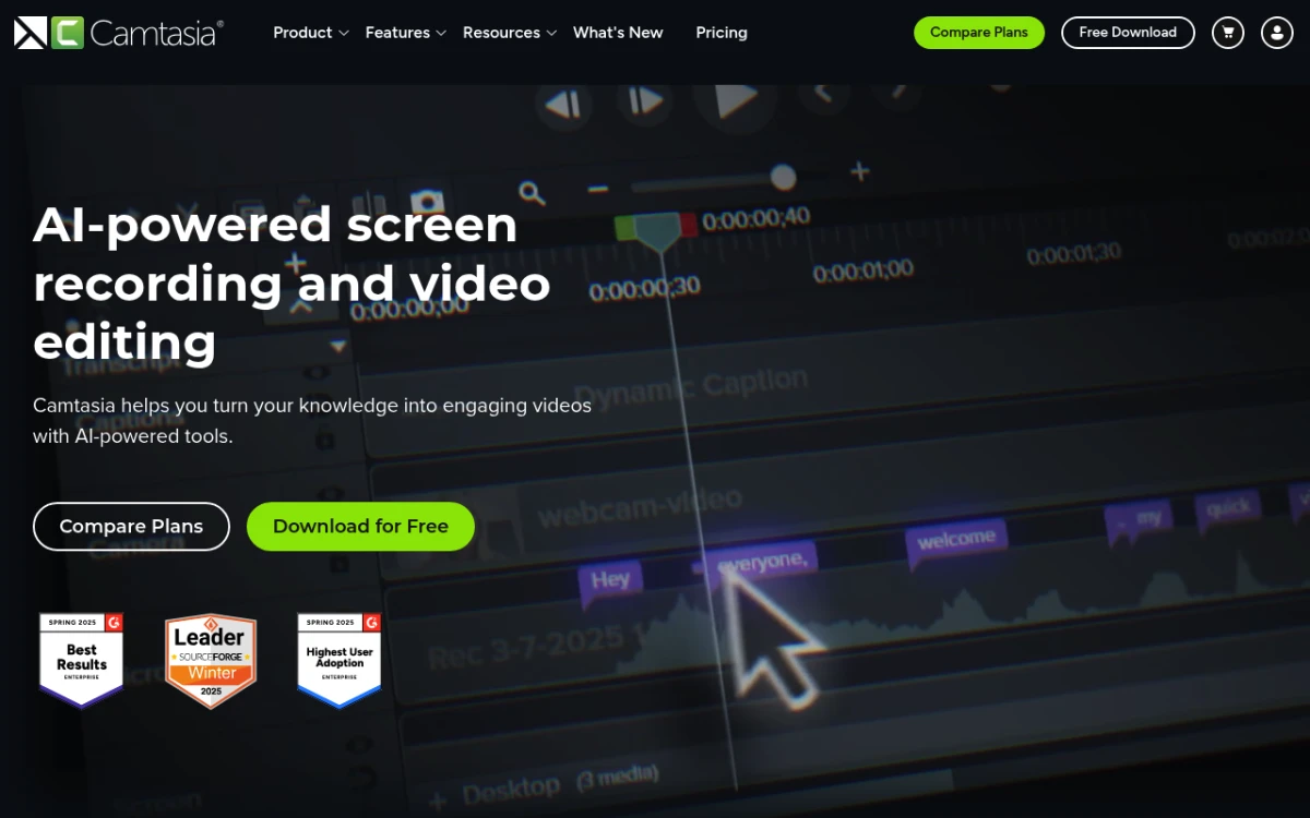 Camtasia homepage showing the multi-track video editor and screen recorder