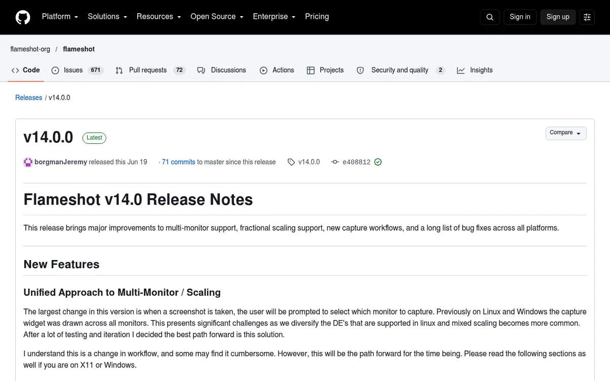 Flameshot v14.0.0 release page on GitHub, marked Latest, with its release notes
