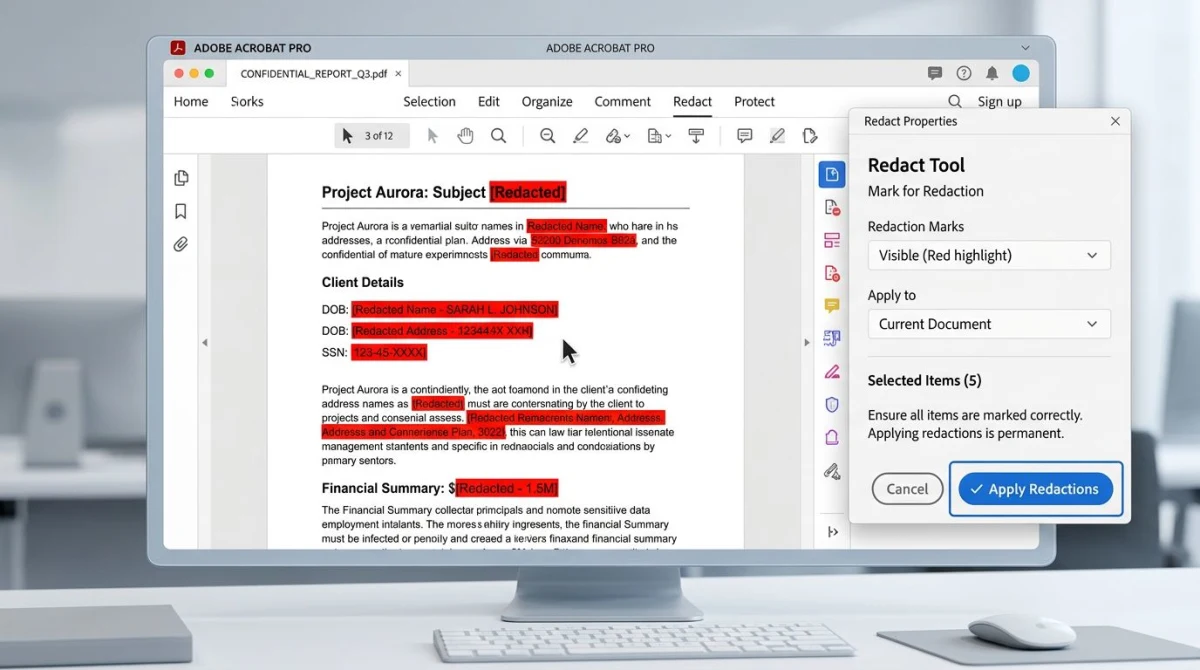 Oberfläche eines PDF-Schwärzungstools mit Text, der zur dauerhaften Entfernung markiert ist