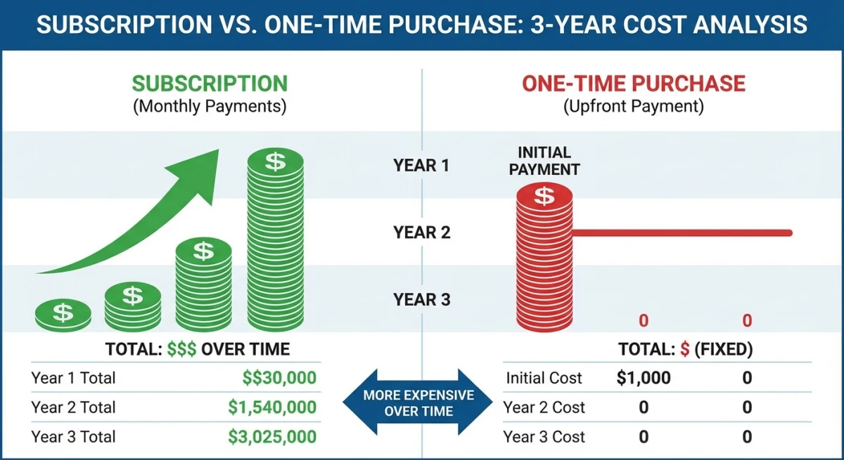 Subscription vs one-time purchase cost comparison over three years