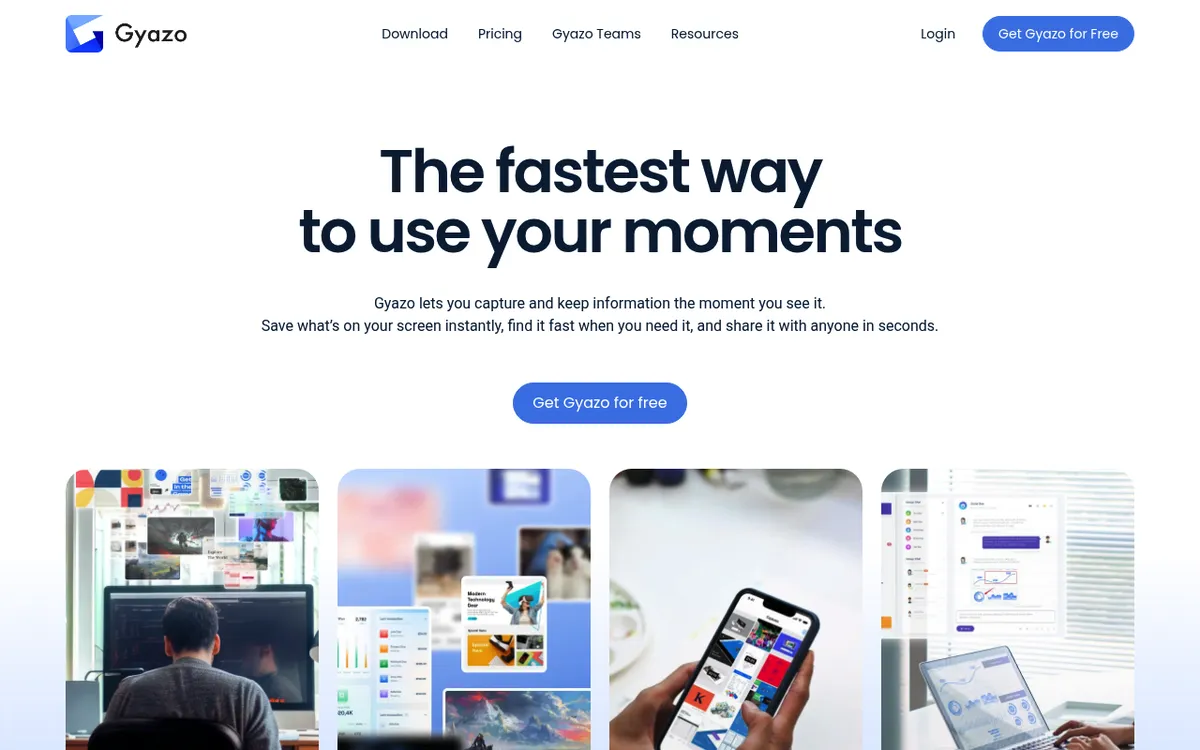 Gyazo homepage with the headline The fastest way to use your moments, a capture tool that uploads clips and copies a share link