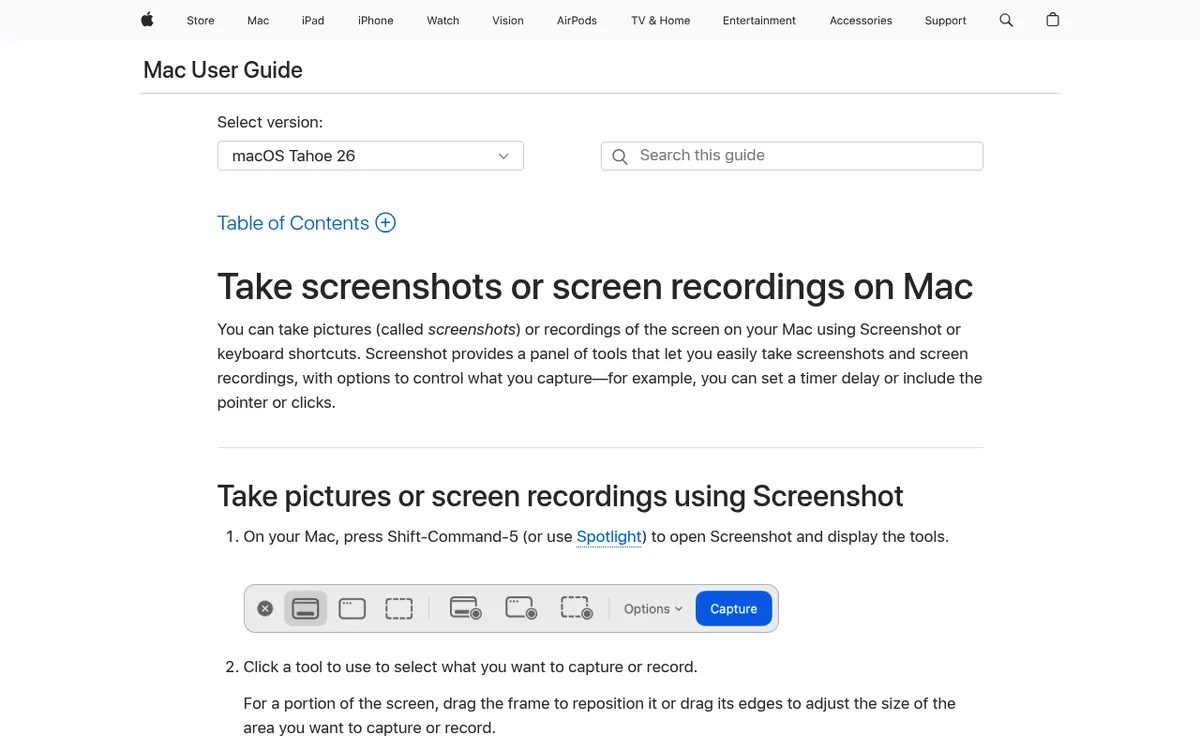 Apple Support page showing the Shift-Command-3, Shift-Command-4 and Shift-Command-5 screenshot shortcuts for macOS